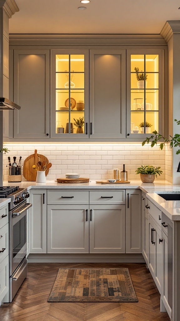 A kitchen with integrated lighting showcasing cabinets and countertop.