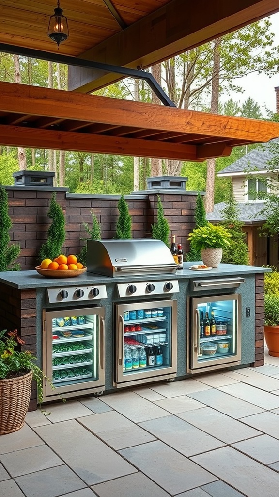 An outdoor kitchen featuring integrated refrigeration with modern design elements.