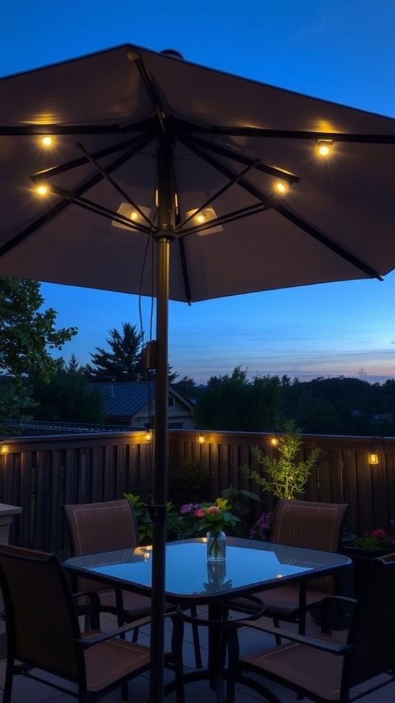 A patio umbrella with integrated solar lights glowing at dusk, surrounded by seating and plants.