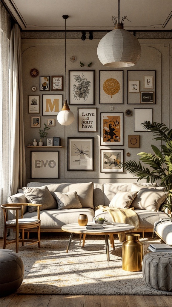 A cozy living room featuring eclectic decor with framed art, plants, and stylish furniture.