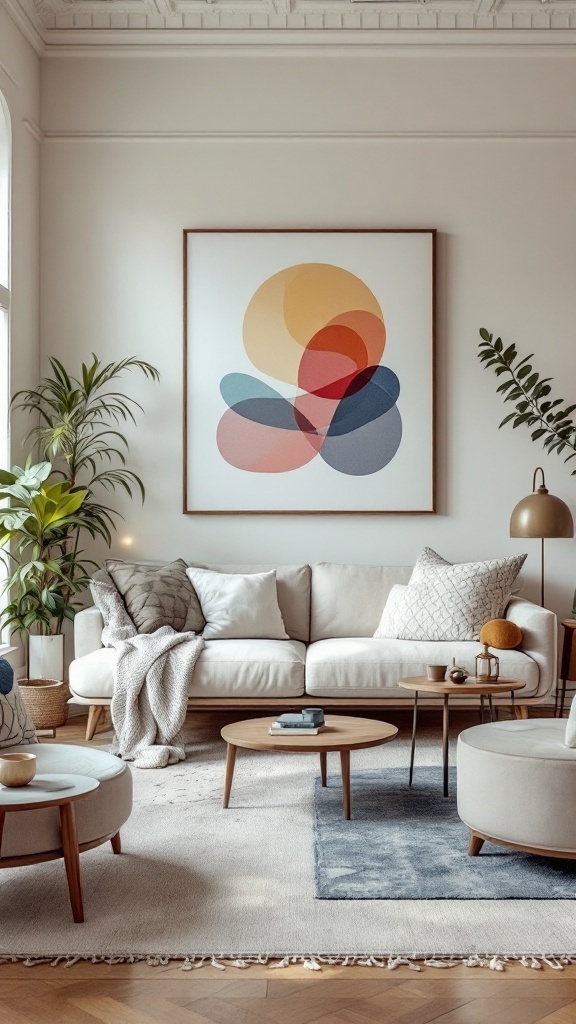 A cozy living room featuring a large abstract painting, soft furnishings, and various plants.