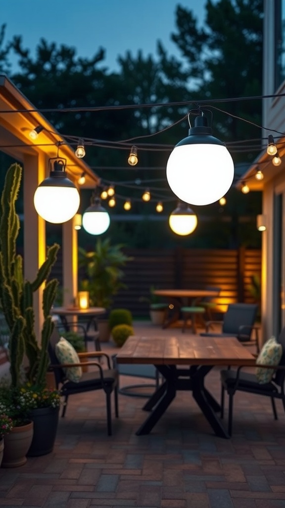 A cozy patio with interchangeable LED light fixtures, creating a warm atmosphere.