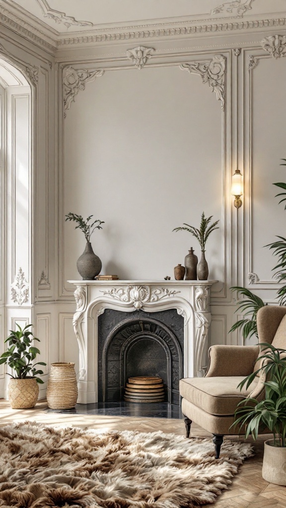 A beautifully decorated living room featuring intricate molding, a cozy armchair, and decorative plants.