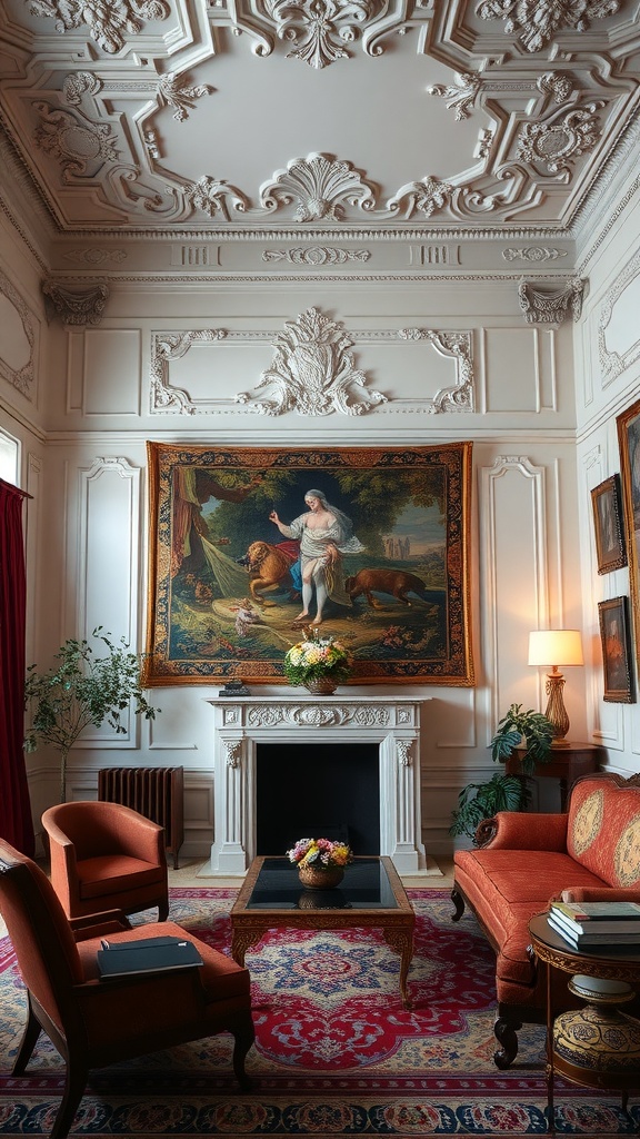 A gothic living room featuring intricate wall moldings and a large tapestry.