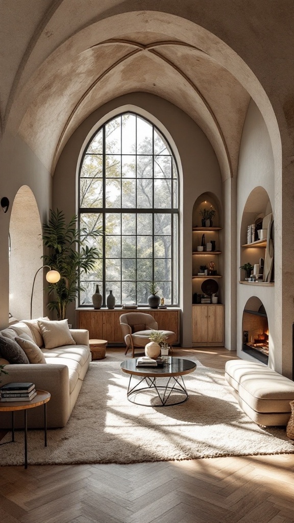 A spacious living room with a high vaulted ceiling, large windows, and a cozy seating area.