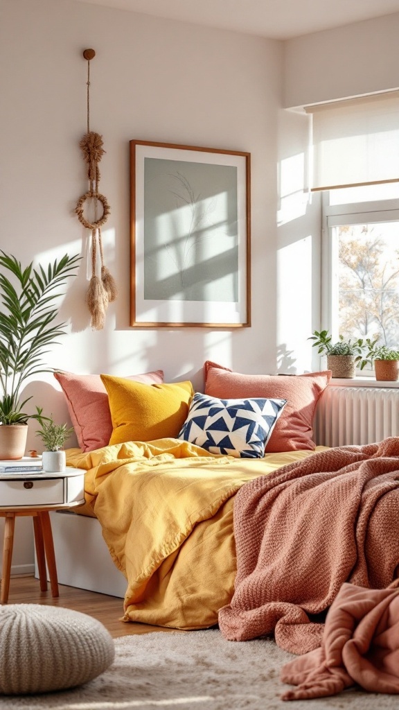 A cozy Scandinavian bedroom with pops of yellow and pink pillows on a bed, surrounded by plants.