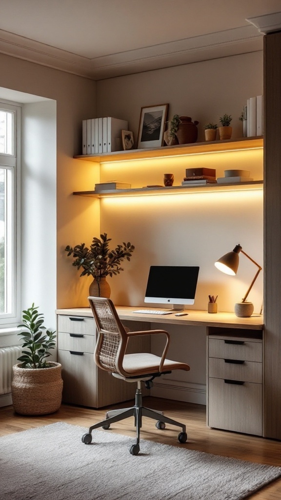 A Scandinavian home office featuring a built-in Murphy desk, warm lighting, and decorative plants.