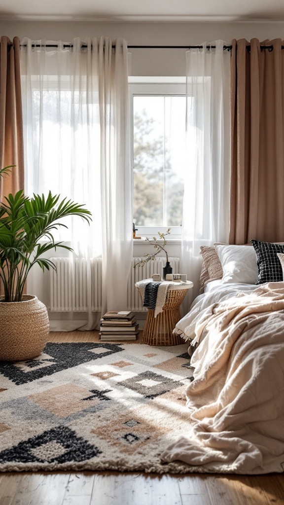 Cozy Scandinavian bedroom with a patterned area rug and natural light.