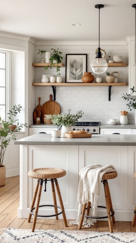 Cozy farmhouse kitchen breakfast bar with wooden stools and open shelving.