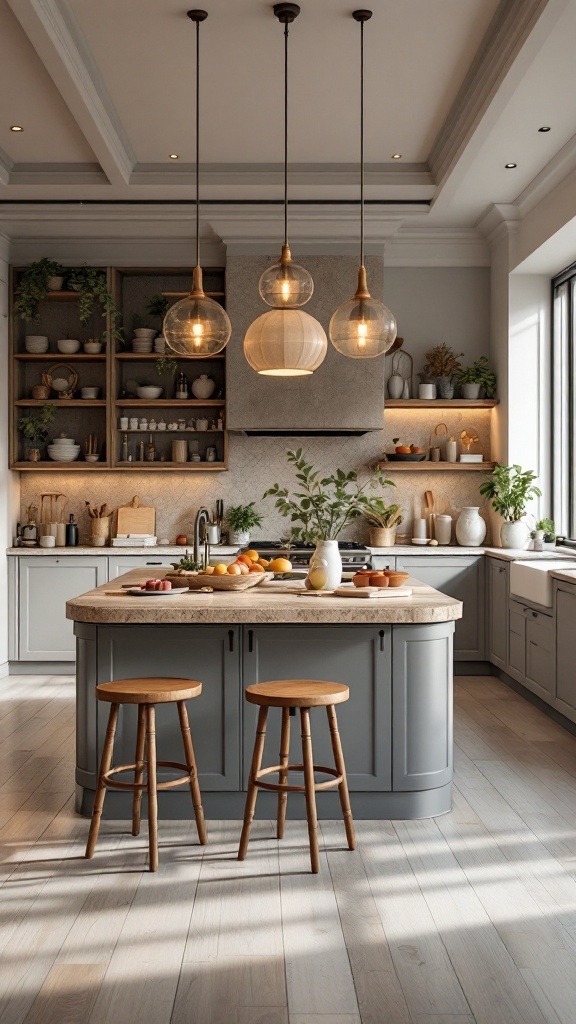 A beautiful farmhouse kitchen island with wooden stools and a rustic table.