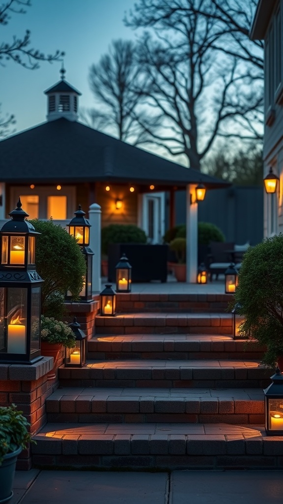 A beautiful evening scene with lanterns lining the steps leading to a gazebo.