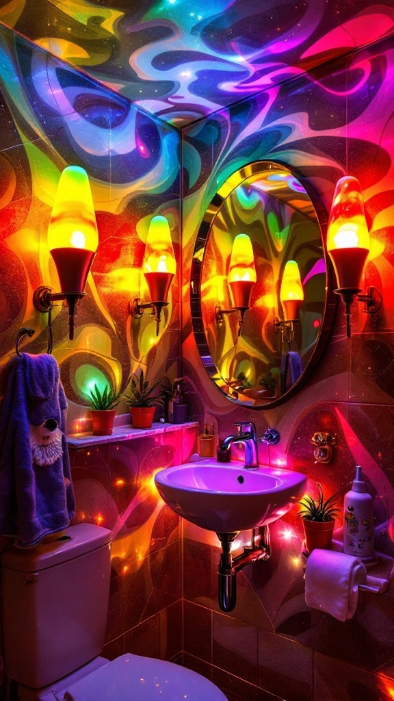 A vibrant bathroom with lava lamp lighting fixtures casting colorful reflections on the walls.