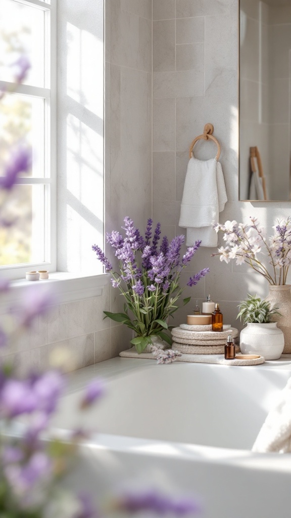 A cozy bathroom featuring lavender plants, soft towels, and decorative elements.