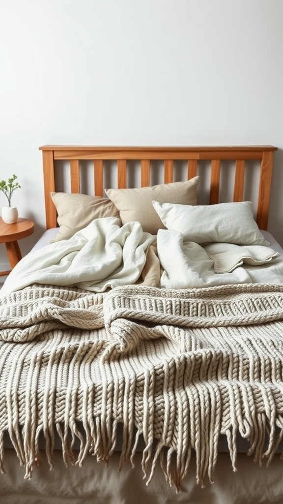 A cozy bed with layered blankets in soft autumn colors and textures.