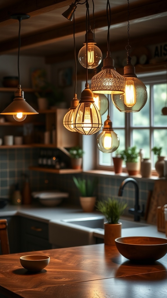 A collection of unique layered lighting fixtures hanging from the ceiling in a cozy kitchen.