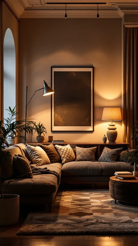 Cozy living room with layered lighting, featuring a sofa, plants, and decorative elements.