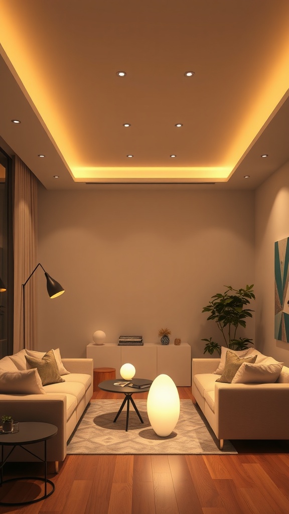 A modern minimal neutral living room with layered lighting, featuring a ceiling light, floor lamp, and decorative light fixtures.