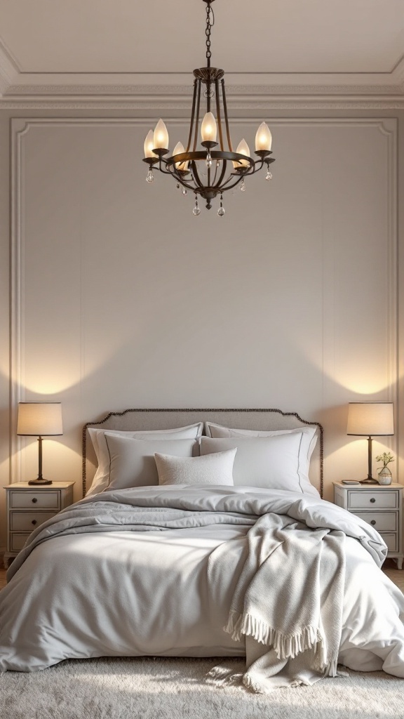 A cozy bedroom featuring a chandelier and bedside lamps.