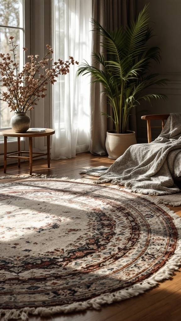 A cozy living room featuring layered rugs, plants, and a warm blanket.