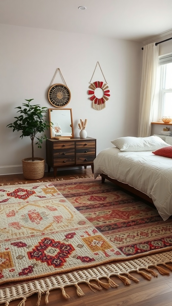 A cozy bedroom featuring layered rugs with warm colors and textures.