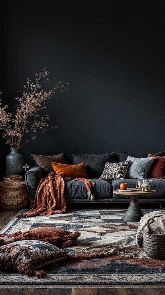 A cozy living room featuring a dark wall, layered textiles with pillows and blankets, and a patterned rug.