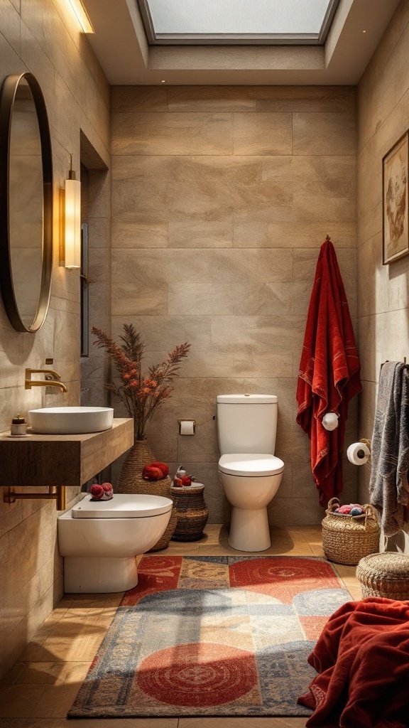 A cozy bathroom featuring layered textiles including a colorful rug, plush towels, and earthy decor.