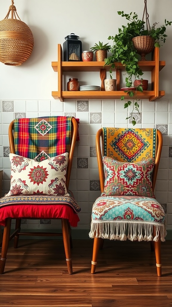 Two wooden chairs with layered textiles and colorful cushions in a boho kitchen setting.