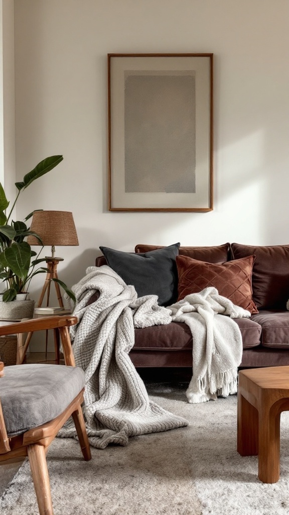 A cozy living room featuring layered textures with a brown sofa, various pillows, blankets, and a wooden coffee table.