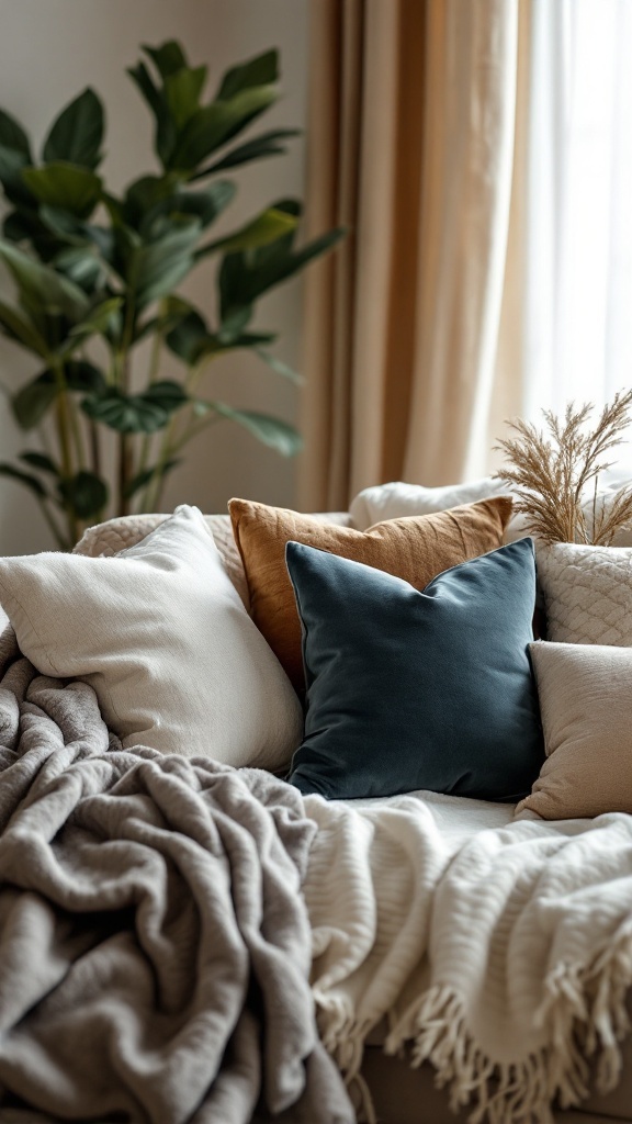 A cozy living room with layered cushions and blankets on a sofa.