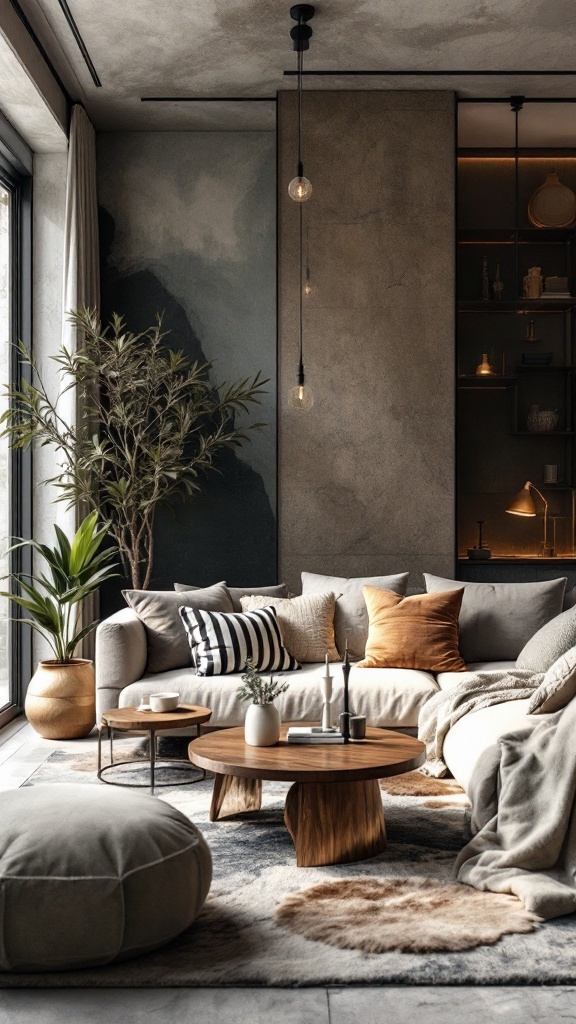 A cozy living room featuring a mix of textures, including soft pillows, a shaggy rug, and a wooden coffee table.