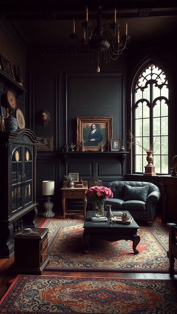 Gothic maximalism living room with dark wood furniture and rich textiles.