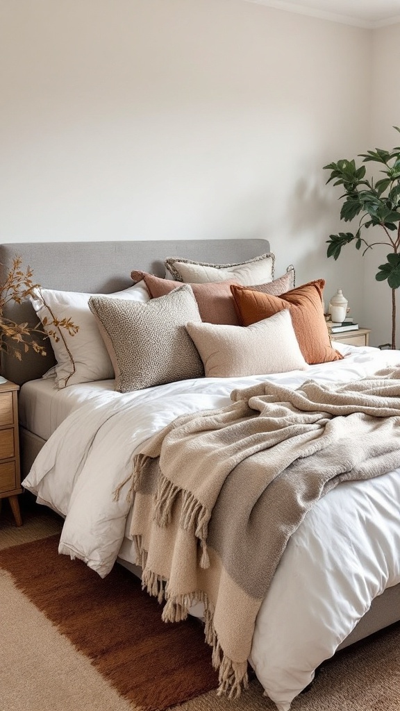 A cozy fall bedroom featuring layered throws and pillows in warm colors.