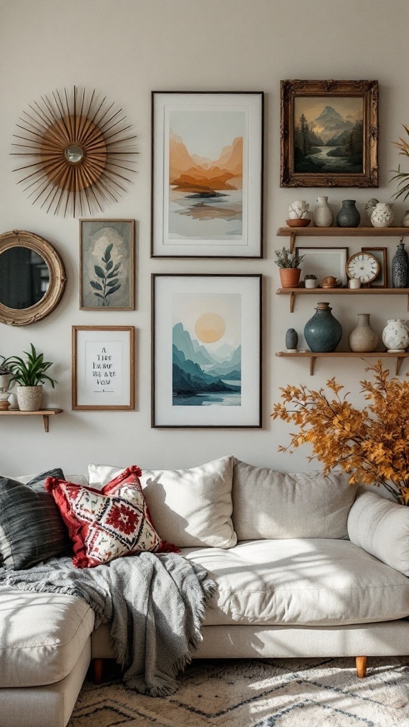 A living room wall with layered decor including framed art, mirrors, and decorative shelves.