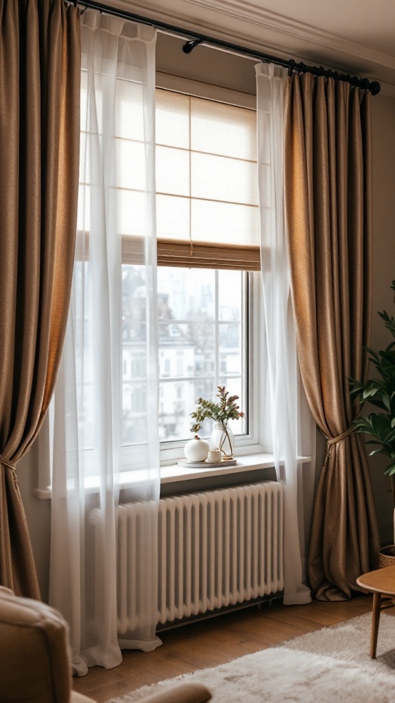 A living room window with layered treatments, featuring sheer white curtains and elegant gold drapes.