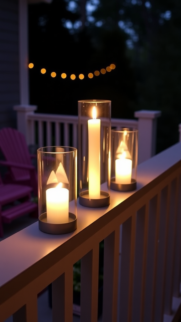 LED candle holders on a railing with warm light