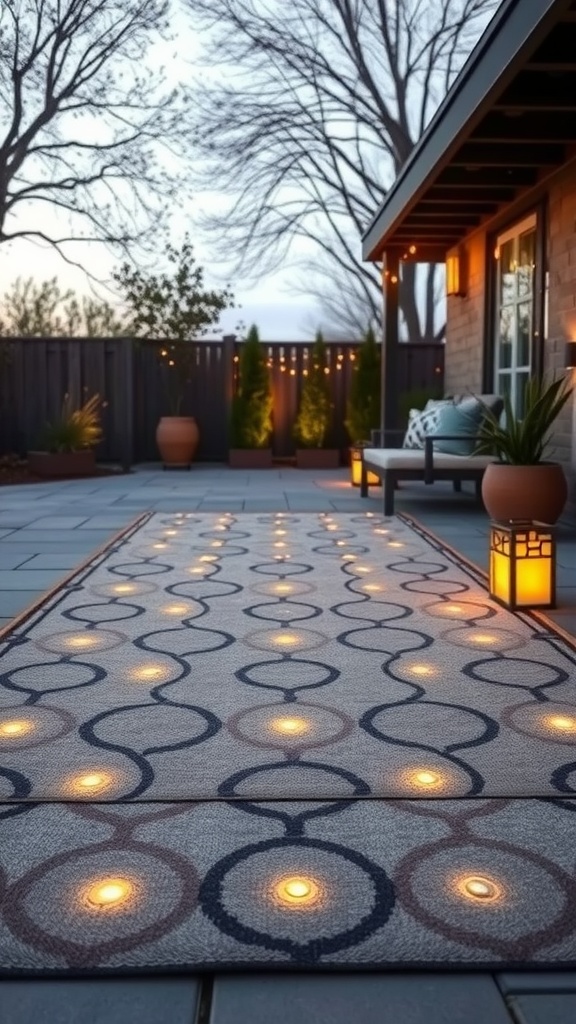 A beautifully illuminated outdoor rug with patterned circles, leading to a cozy patio area decorated with plants and lanterns.