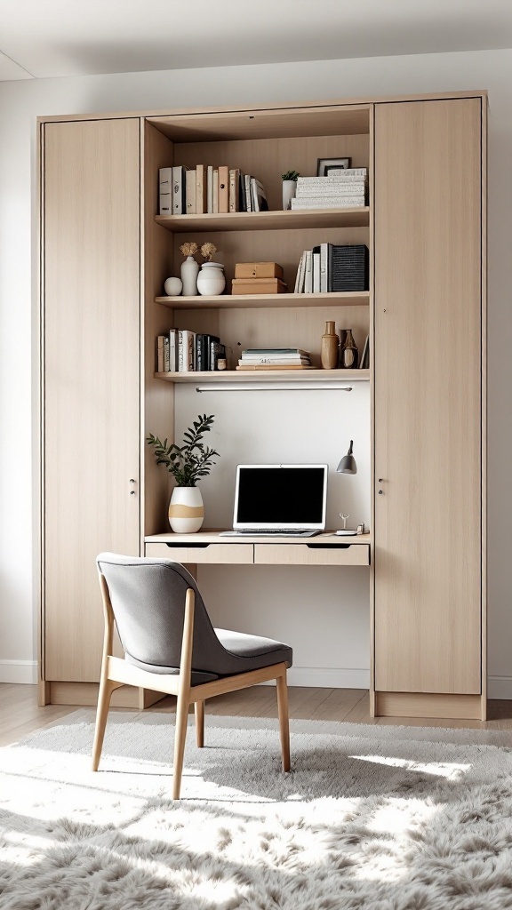 A Scandinavian home office featuring a built-in Murphy desk with light wood finishes and soft fabric chair.