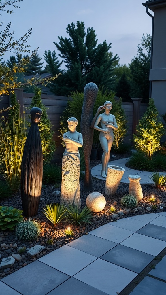 A beautifully lit garden featuring various sculptures and decorative plants.