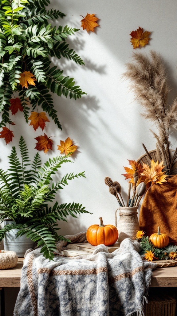 A cozy home office setup with lush ferns, autumn leaves, and pumpkins.