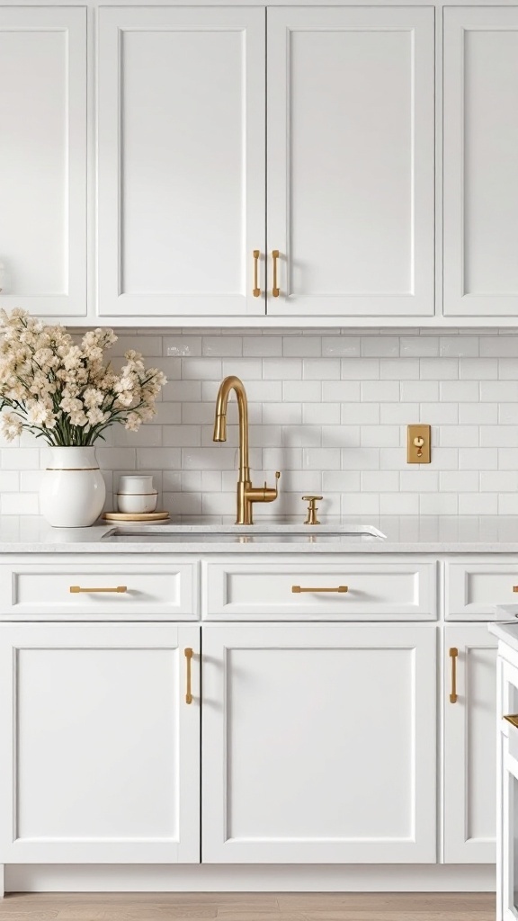 A modern kitchen with white cabinets and gold hardware accents.