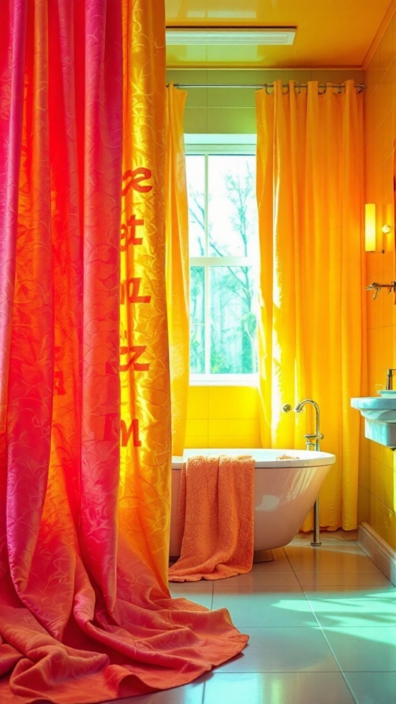 A vibrant 70s bathroom featuring bright orange and pink textured fabrics.