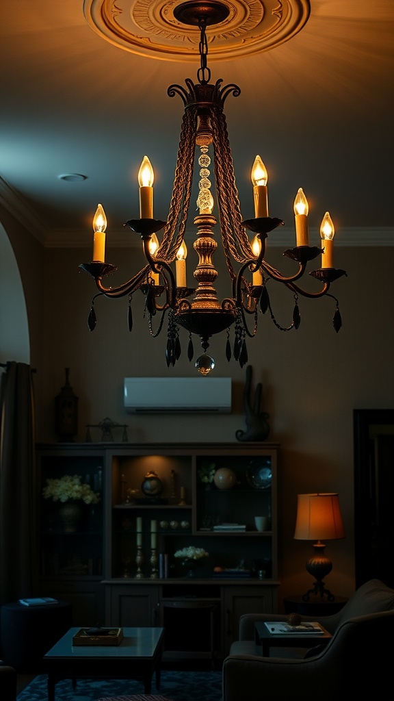 A luxurious chandelier with candle-style lights hanging in a cozy living room.