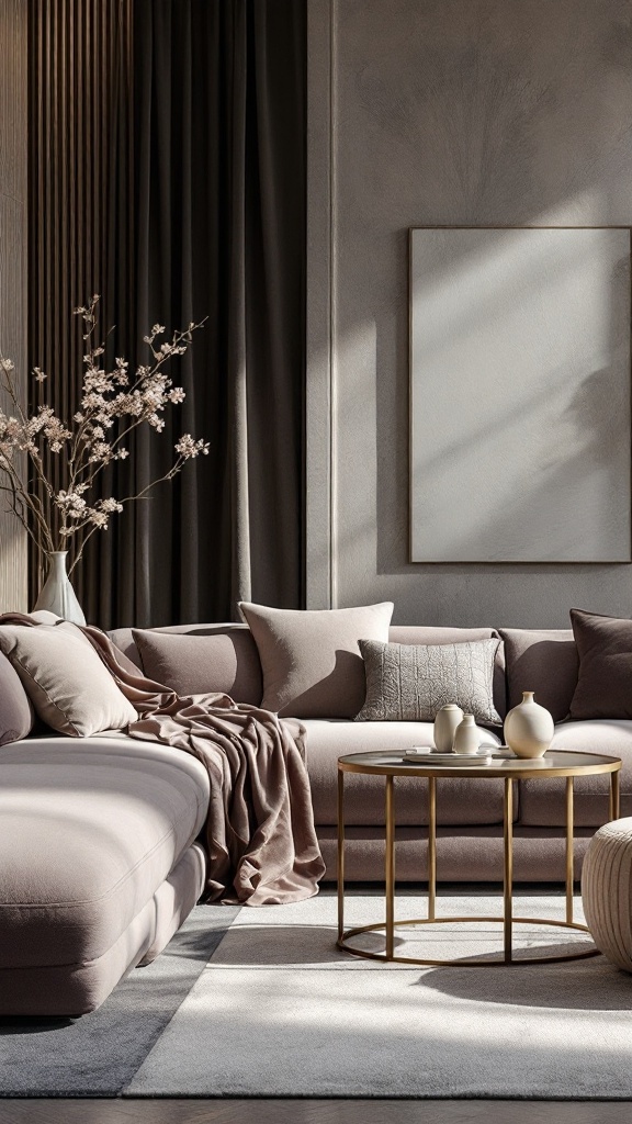 A stylish living room featuring a plush sofa, soft textiles, and elegant decor.