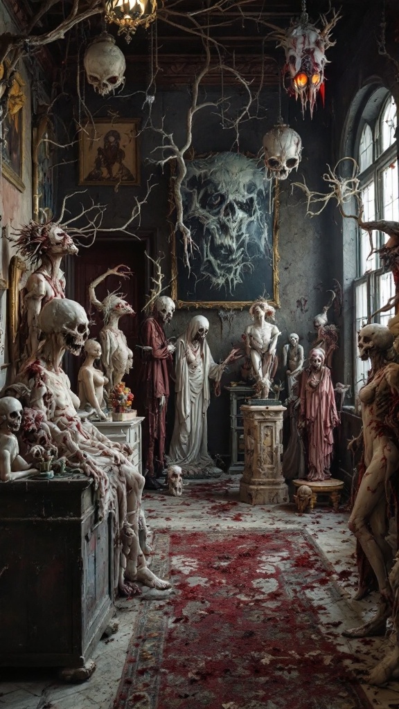 A dark living room filled with macabre sculptures and eerie decor.