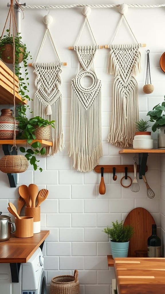 Macrame wall hangings displayed in a boho kitchen, surrounded by plants and wooden utensils.