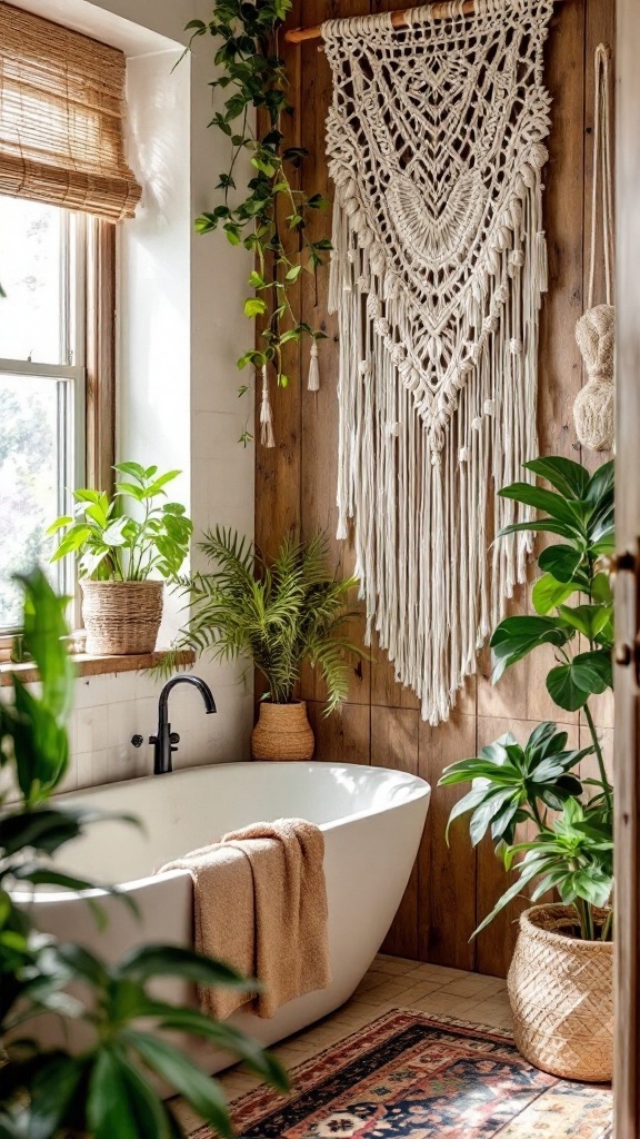 A beautifully designed macrame wall hanging in a boho bathroom setting.