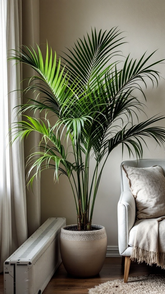 A Majesty Palm in a stylish pot beside a cozy chair, adding a tropical vibe to the room.