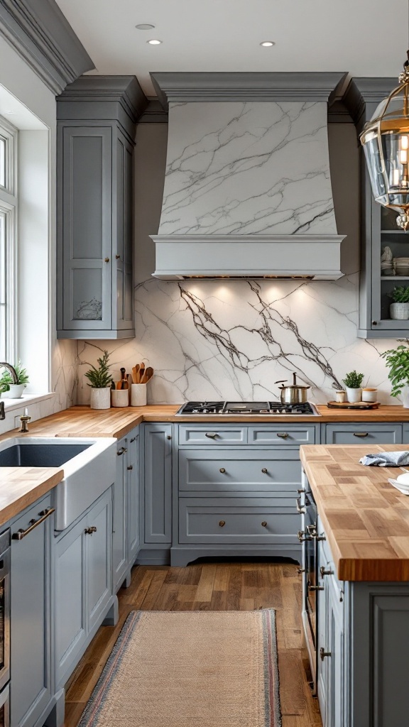 A stylish kitchen featuring marble accents and wooden countertops.