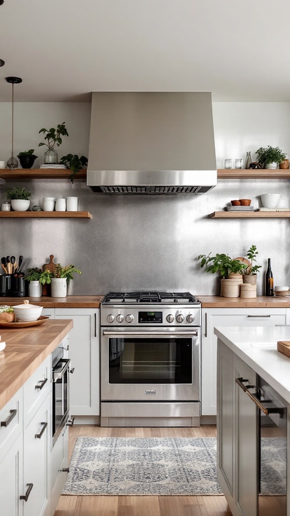 A modern kitchen featuring a metallic backsplash and wooden countertops.