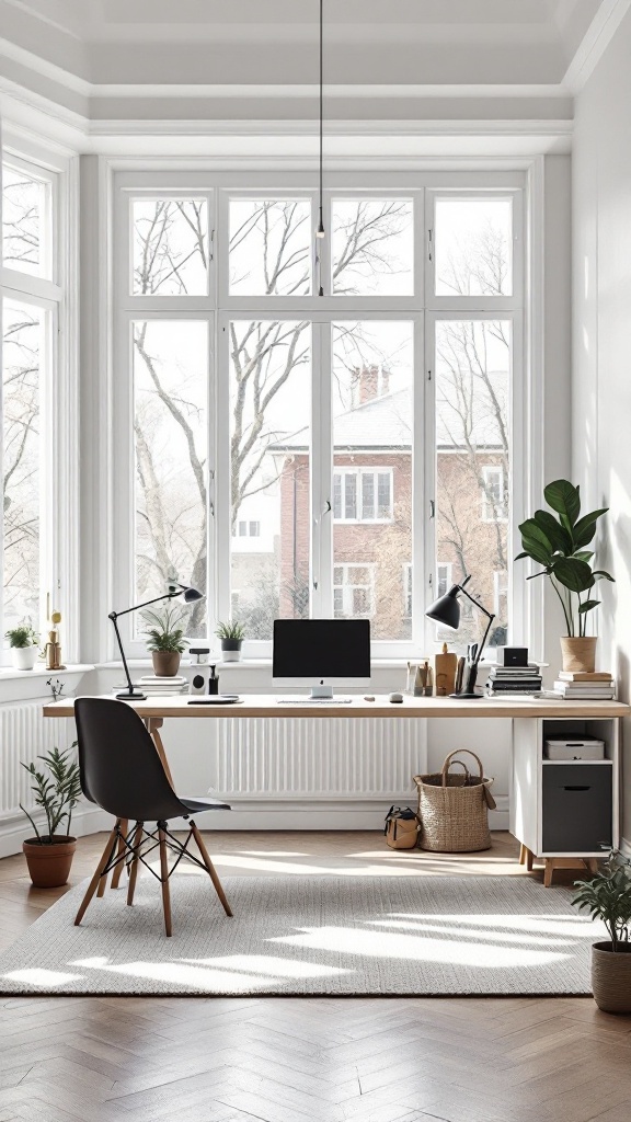 Scandinavian home office with a built-in Murphy desk and natural light.